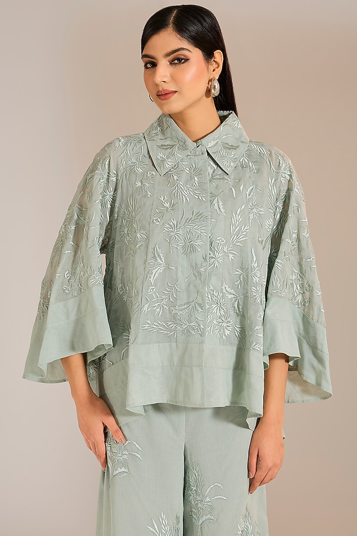 Celadon Handloom Cotton Thread Embroidered Shirt by Peachoo at Pernia's Pop Up Shop