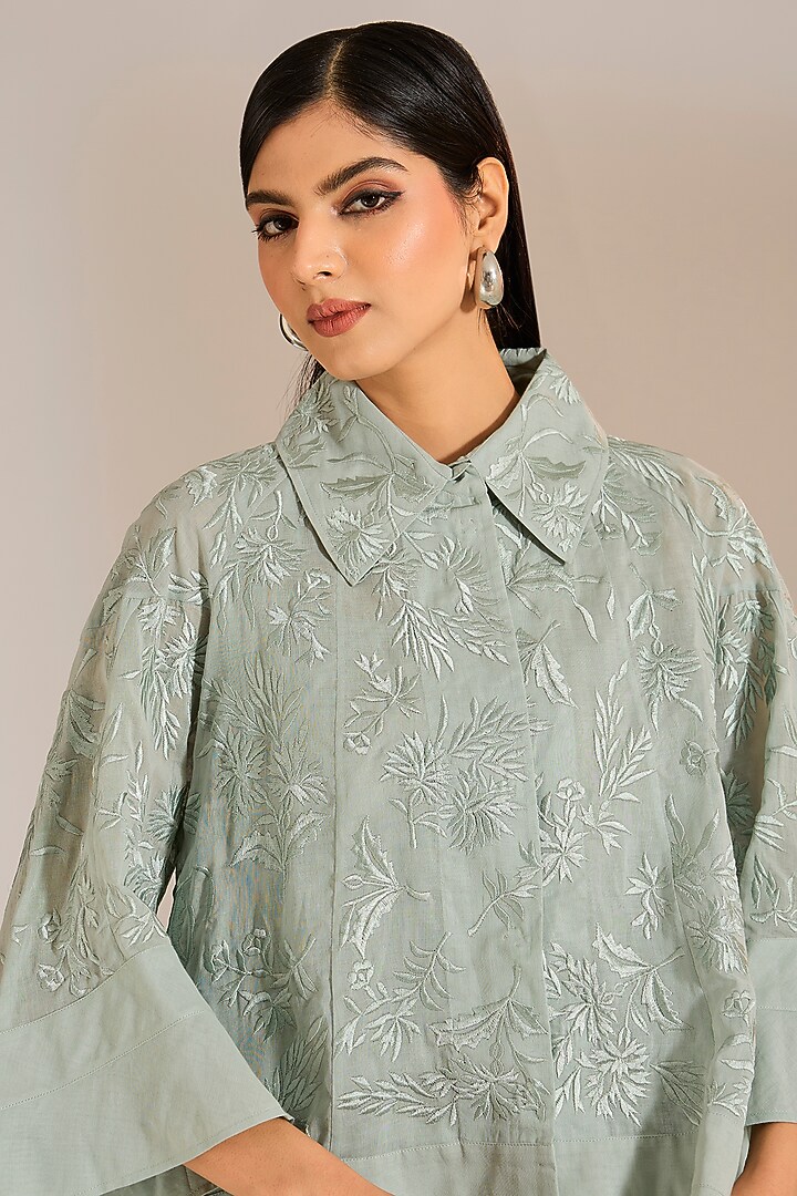 Celadon Handloom Cotton Thread Embroidered Shirt by Peachoo at Pernia's Pop Up Shop