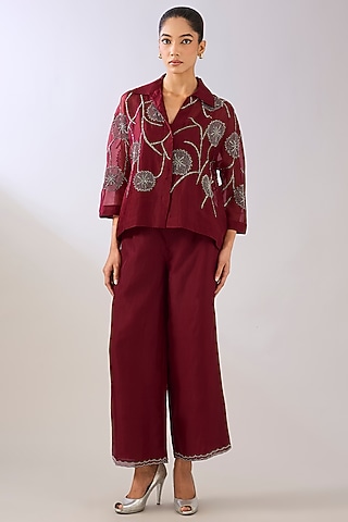 Ruby Red Silk Organza Beads Embroidered Pants by Peachoo
