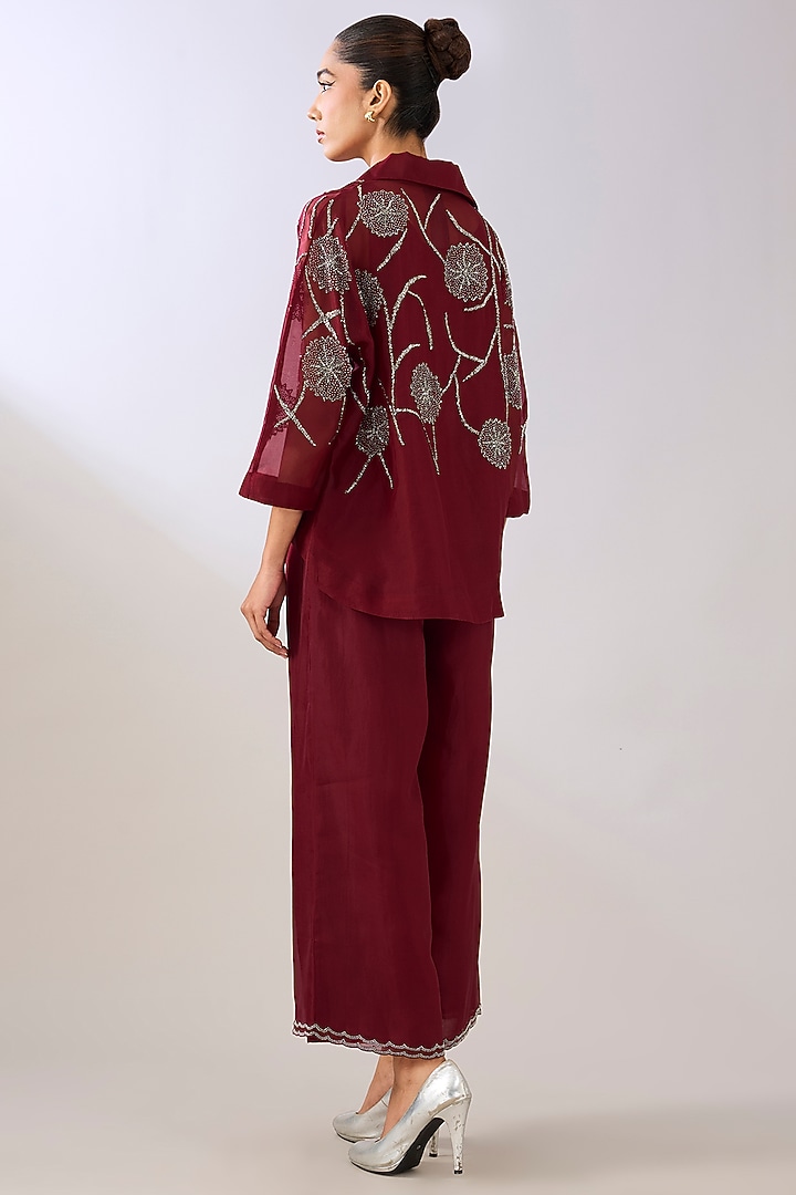 Ruby Red Silk Organza Beads Embroidered Pants by Peachoo at Pernia's Pop Up Shop