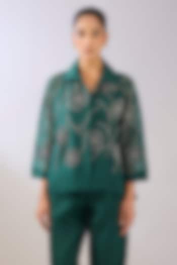 Emerald Green Silk Organza Beads Embroidered Jacket by Peachoo at Pernia's Pop Up Shop