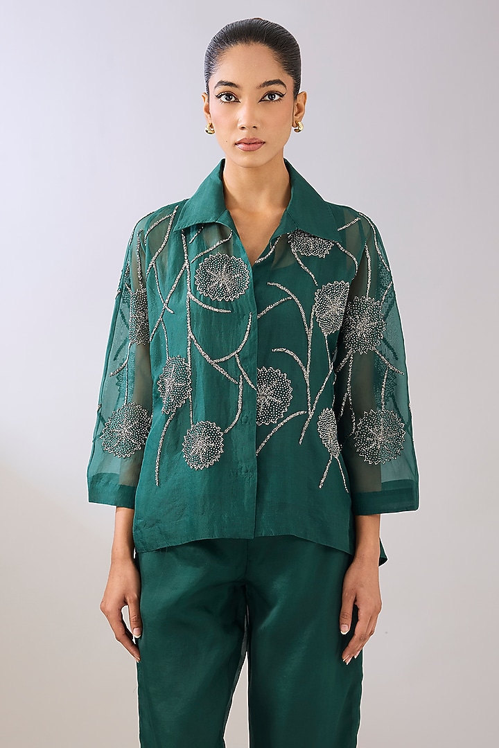 Emerald Green Silk Organza Beads Embroidered Jacket by Peachoo at Pernia's Pop Up Shop