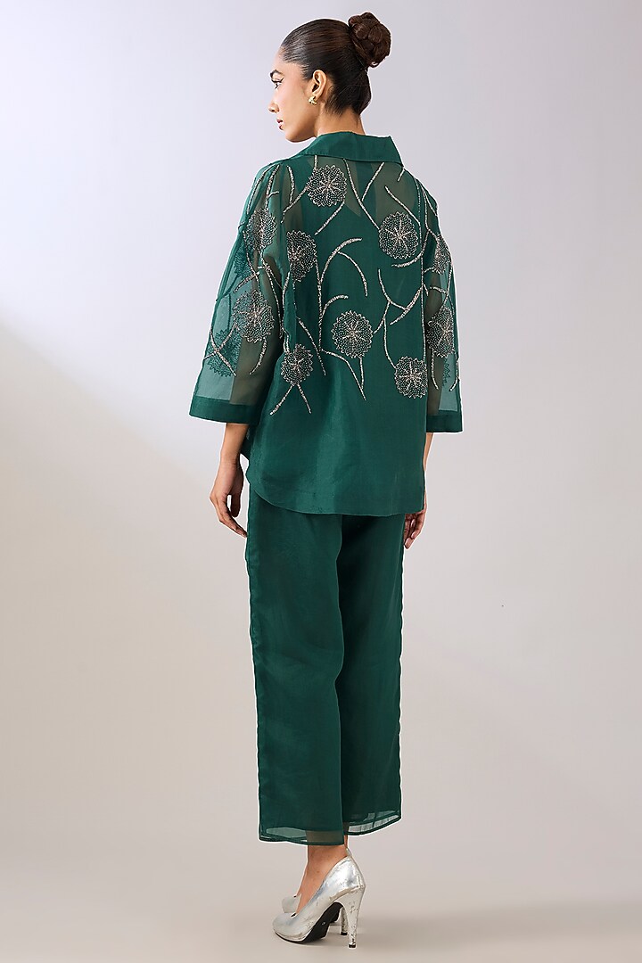 Emerald Green Silk Organza Beads Embroidered Jacket by Peachoo at Pernia's Pop Up Shop