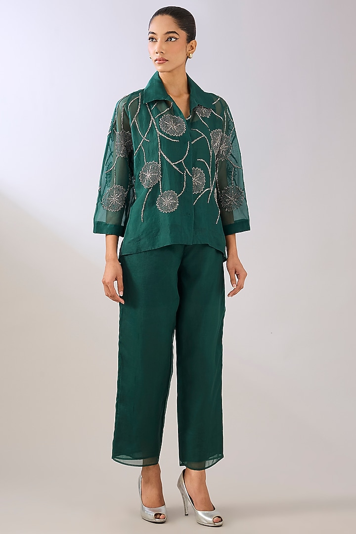 Emerald Green Silk Organza Beads Embroidered Jacket by Peachoo at Pernia's Pop Up Shop