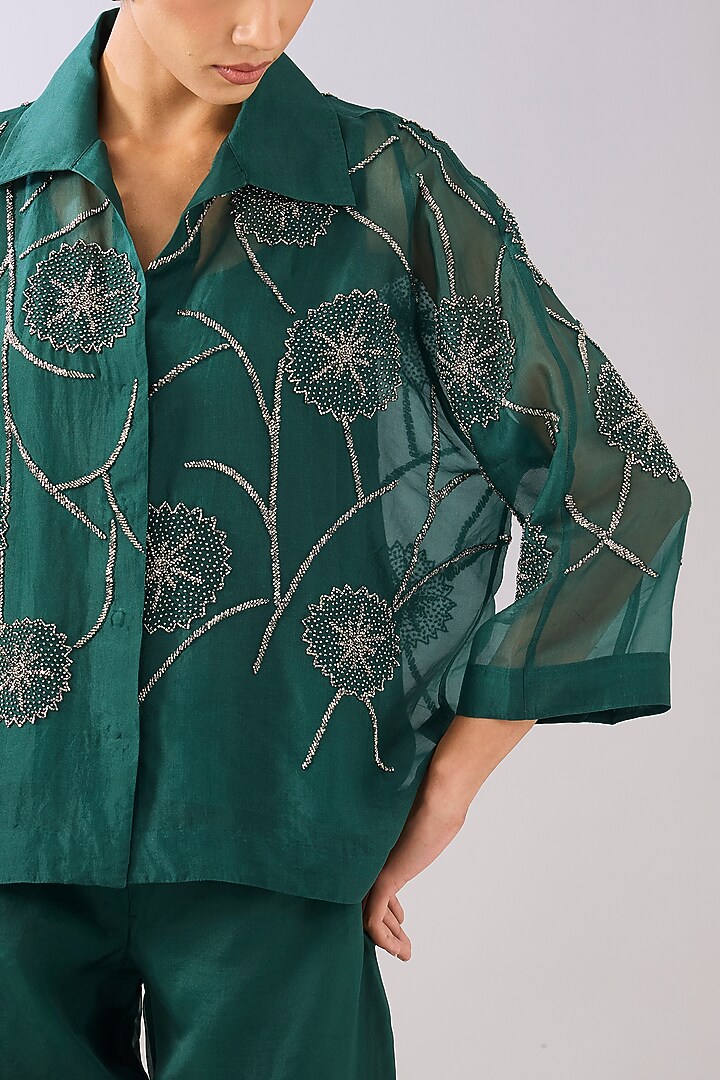 Emerald Green Silk Organza Beads Embroidered Jacket by Peachoo at Pernia's Pop Up Shop