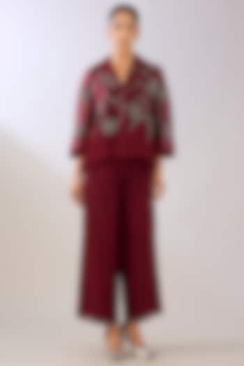 Ruby Red Silk Organza Beads Embroidered Jacket by Peachoo at Pernia's Pop Up Shop