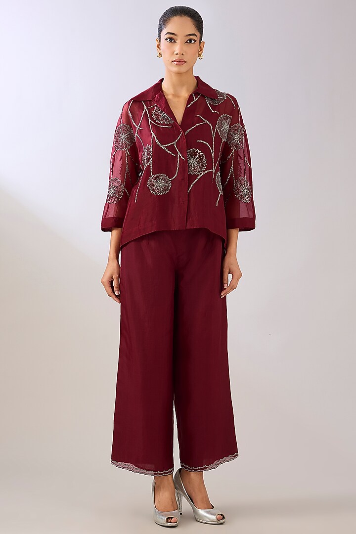 Ruby Red Silk Organza Beads Embroidered Jacket by Peachoo at Pernia's Pop Up Shop