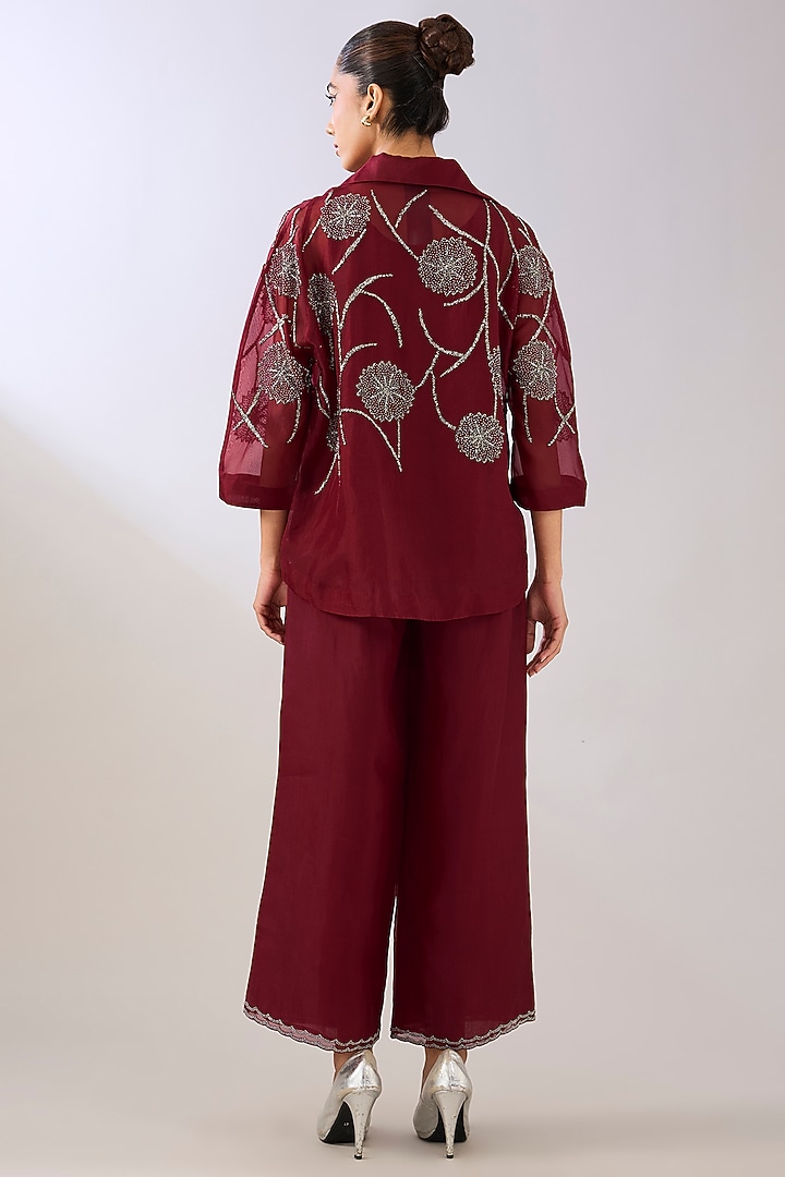 Ruby Red Silk Organza Beads Embroidered Jacket by Peachoo at Pernia's Pop Up Shop