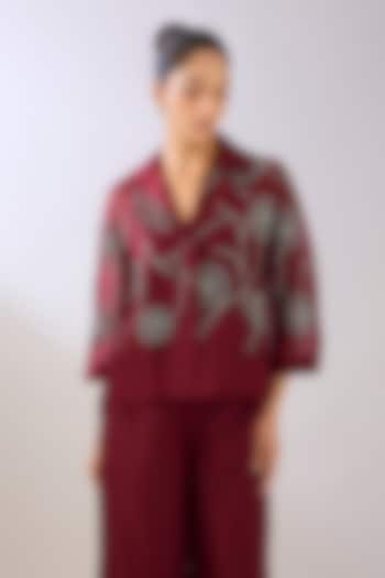 Ruby Red Silk Organza Beads Embroidered Jacket by Peachoo at Pernia's Pop Up Shop