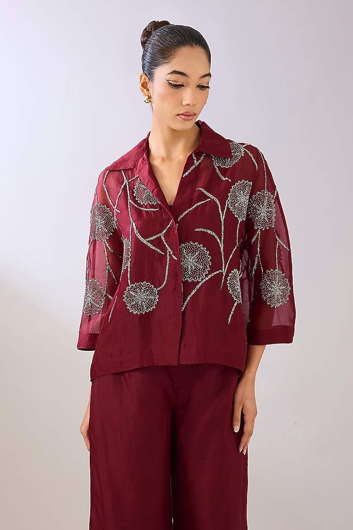 Ruby Red Silk Organza Beads Embroidered Jacket by Peachoo at Pernia's Pop Up Shop
