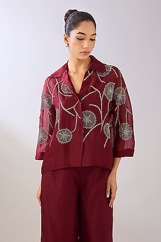Ruby Red Silk Organza Beads Embroidered Jacket by Peachoo
