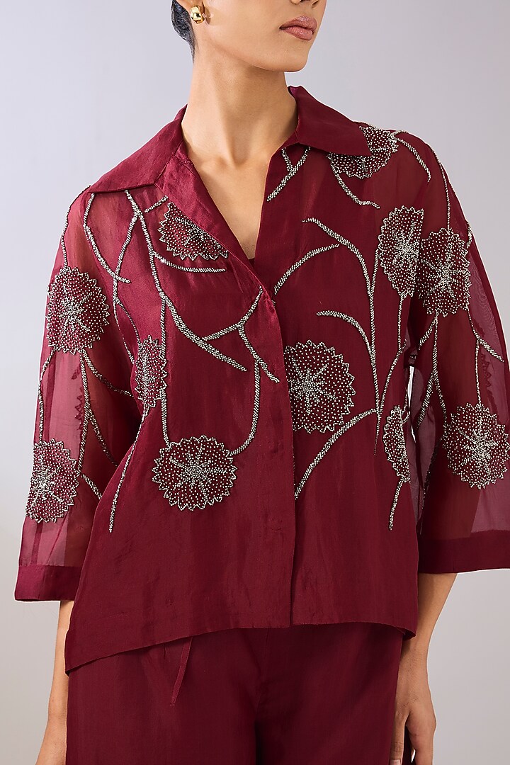 Ruby Red Silk Organza Beads Embroidered Jacket by Peachoo at Pernia's Pop Up Shop