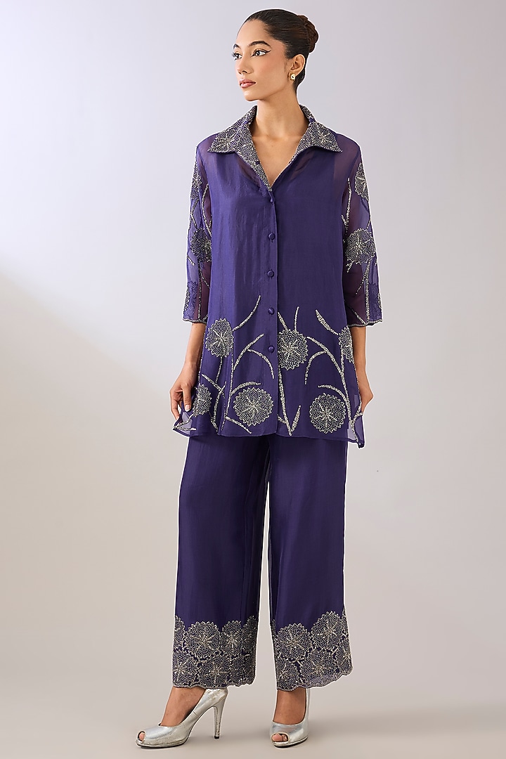 Purple Silk Organza Beads Embroidered Jacket by Peachoo at Pernia's Pop Up Shop