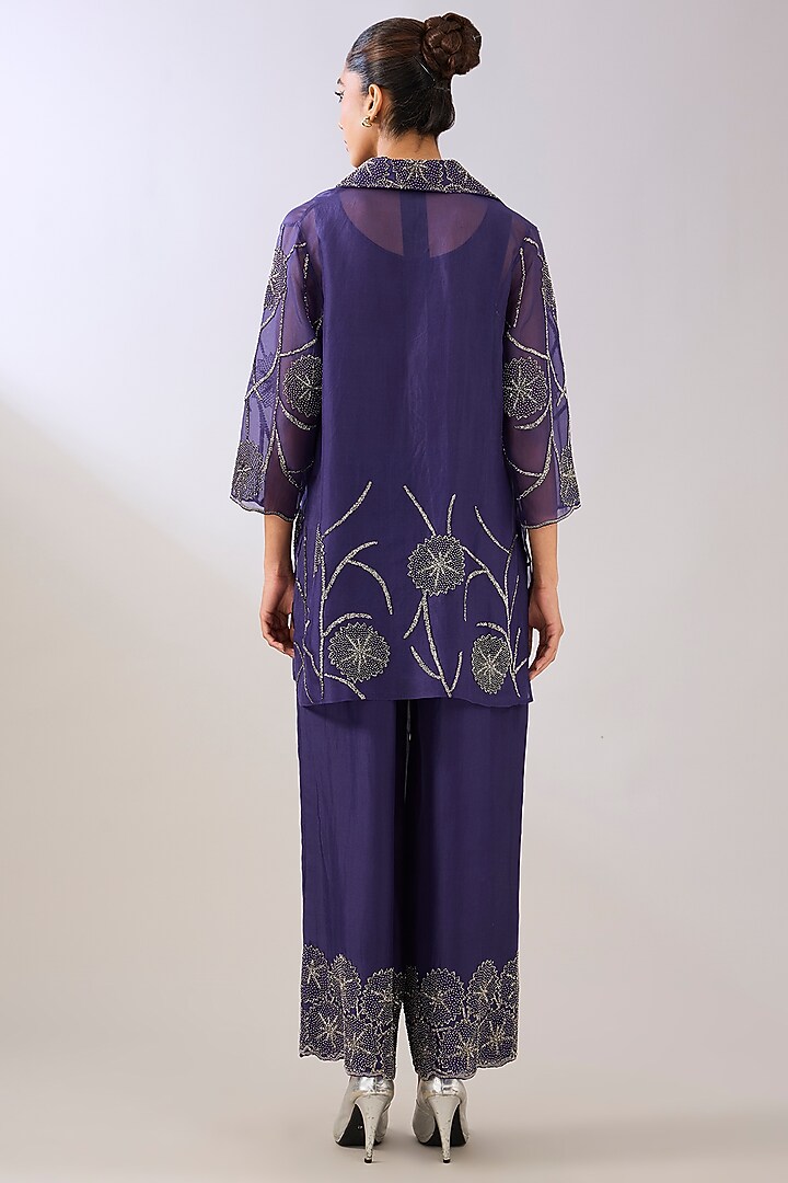 Purple Silk Organza Beads Embroidered Jacket by Peachoo at Pernia's Pop Up Shop