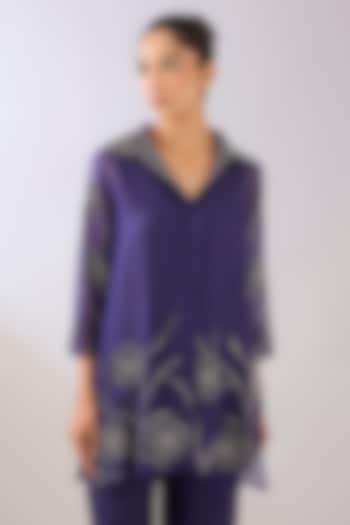 Purple Silk Organza Beads Embroidered Jacket by Peachoo at Pernia's Pop Up Shop