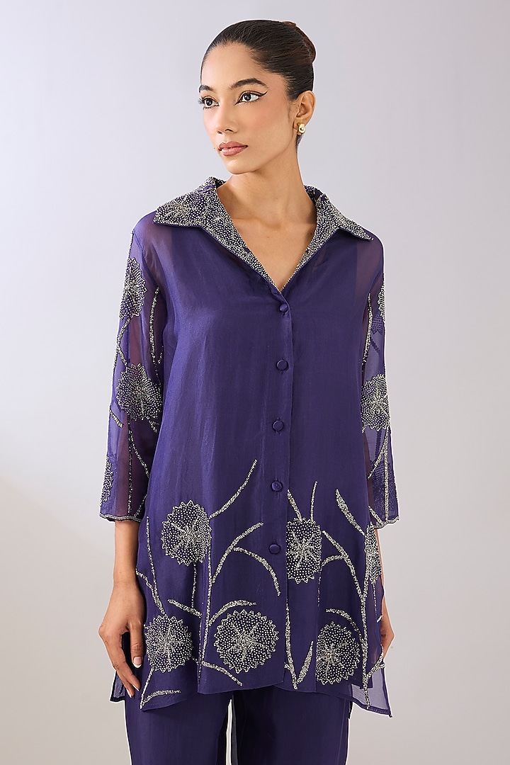 Purple Silk Organza Beads Embroidered Jacket by Peachoo at Pernia's Pop Up Shop