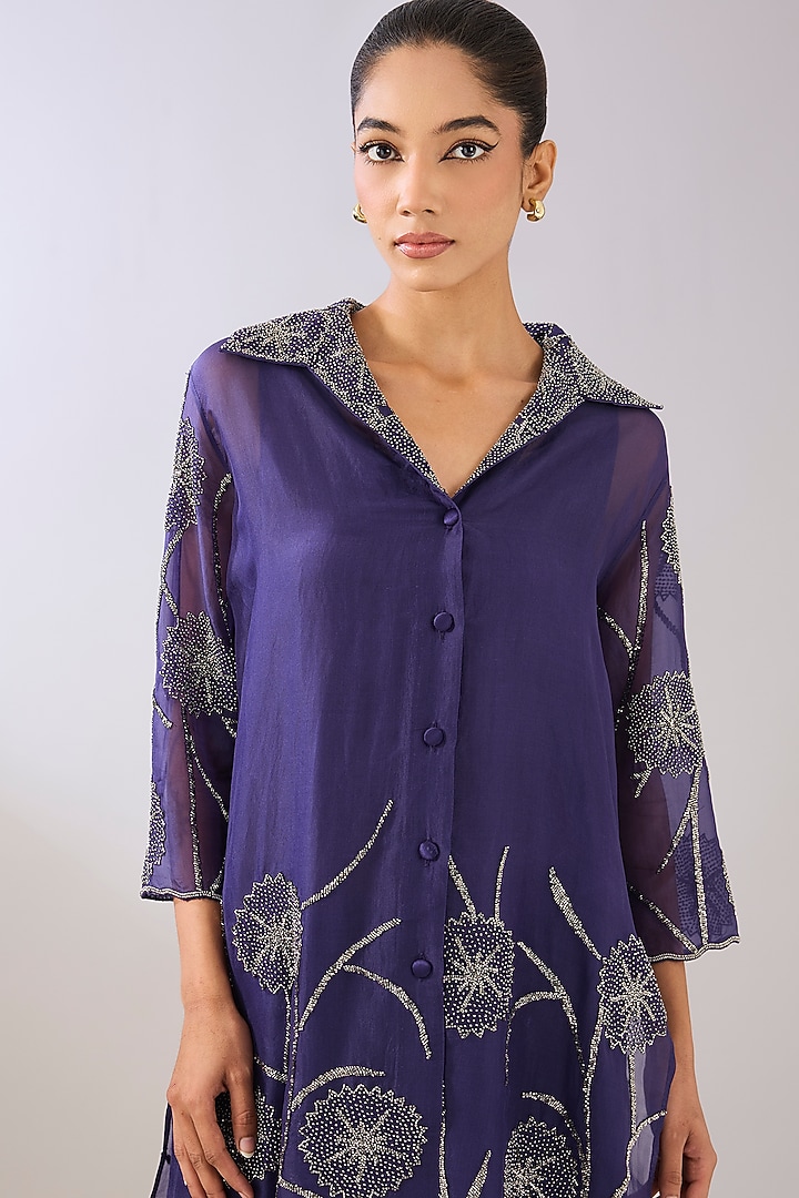 Purple Silk Organza Beads Embroidered Jacket by Peachoo at Pernia's Pop Up Shop