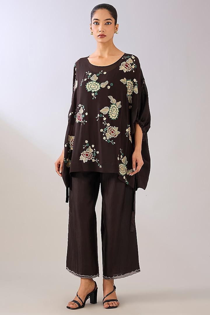Brown Silk Organza Beads Embroidered Pants by Peachoo at Pernia's Pop Up Shop