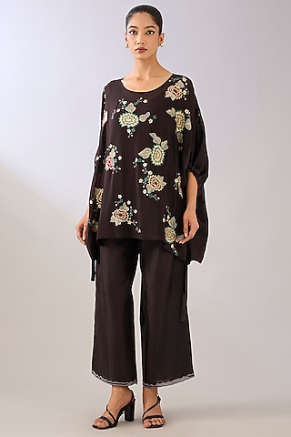 Brown Silk Organza Beads Embroidered Pants by Peachoo