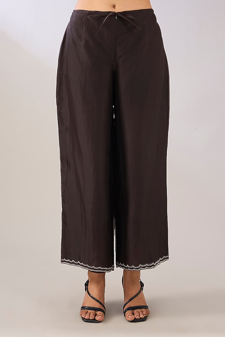 Brown Silk Organza Beads Embroidered Pants by Peachoo at Pernia's Pop Up Shop