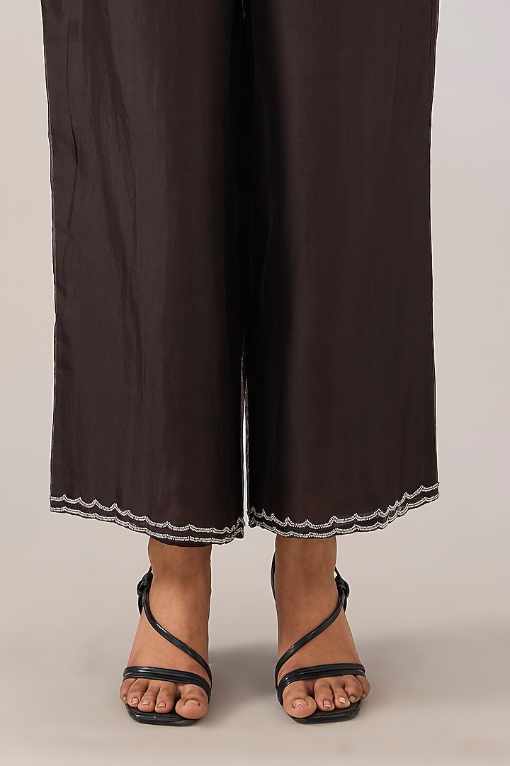 Brown Silk Organza Beads Embroidered Pants by Peachoo at Pernia's Pop Up Shop