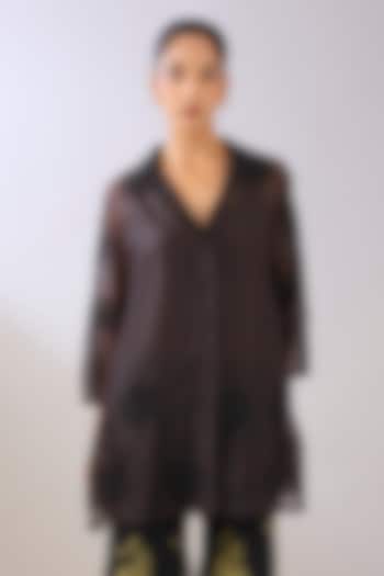 Brown Silk Organza Beads Embroidered Jacket by Peachoo at Pernia's Pop Up Shop