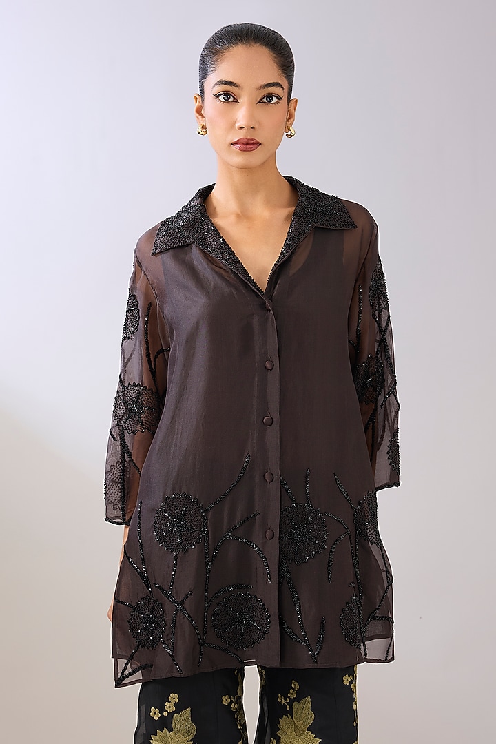 Brown Silk Organza Beads Embroidered Jacket by Peachoo at Pernia's Pop Up Shop