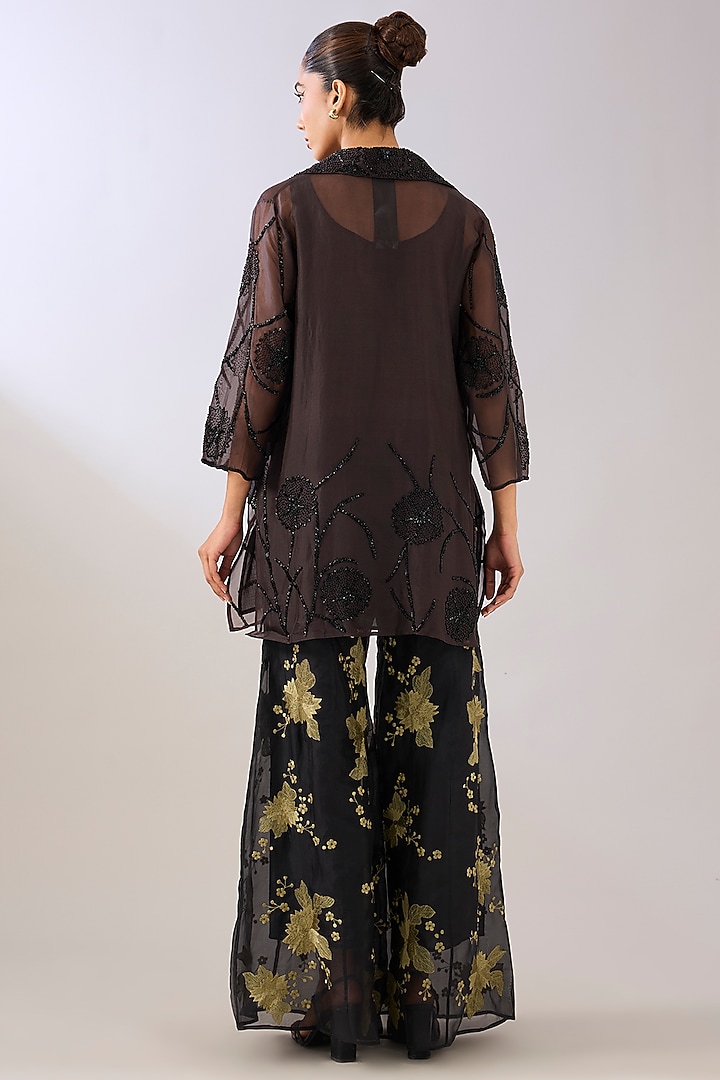 Brown Silk Organza Beads Embroidered Jacket by Peachoo at Pernia's Pop Up Shop
