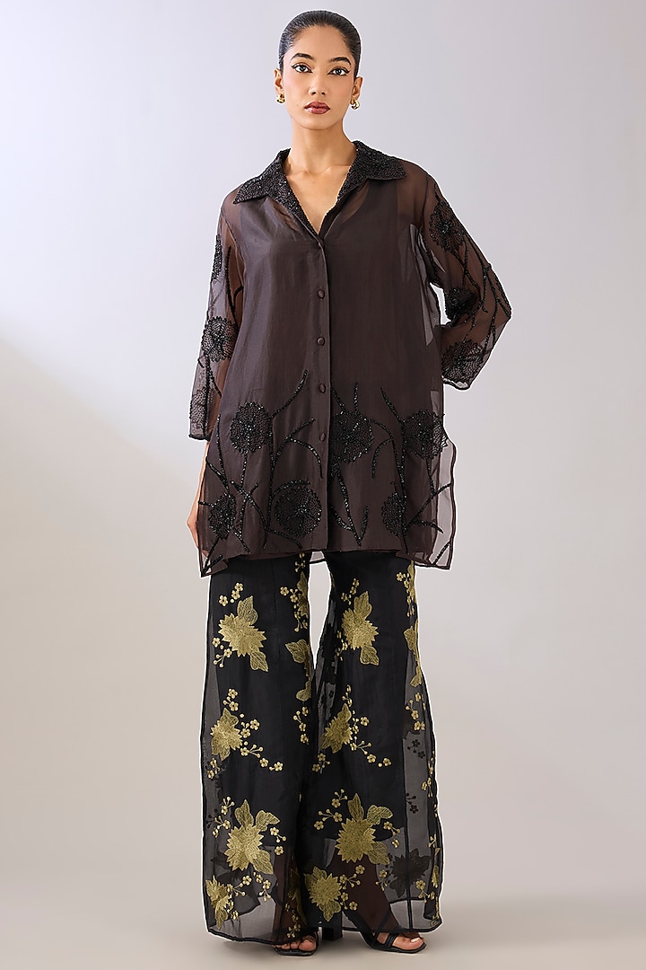Brown Silk Organza Beads Embroidered Jacket by Peachoo at Pernia's Pop Up Shop