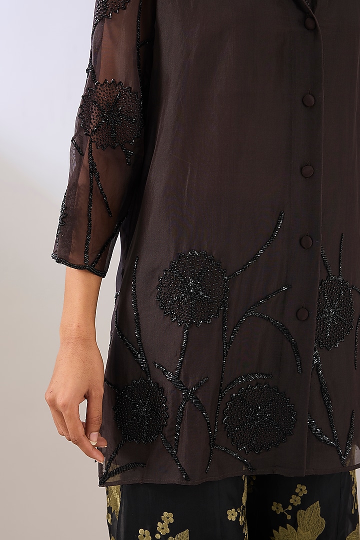Brown Silk Organza Beads Embroidered Jacket by Peachoo at Pernia's Pop Up Shop