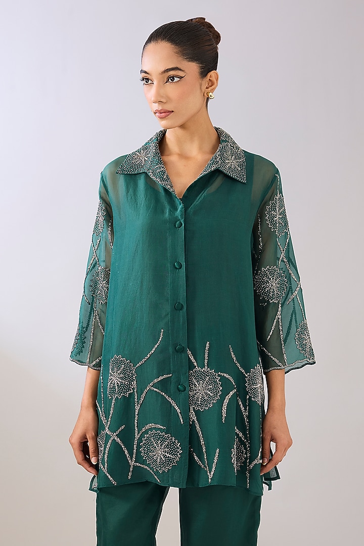Emerald Green Silk Organza Beads Embroidered Jacket by Peachoo at Pernia's Pop Up Shop