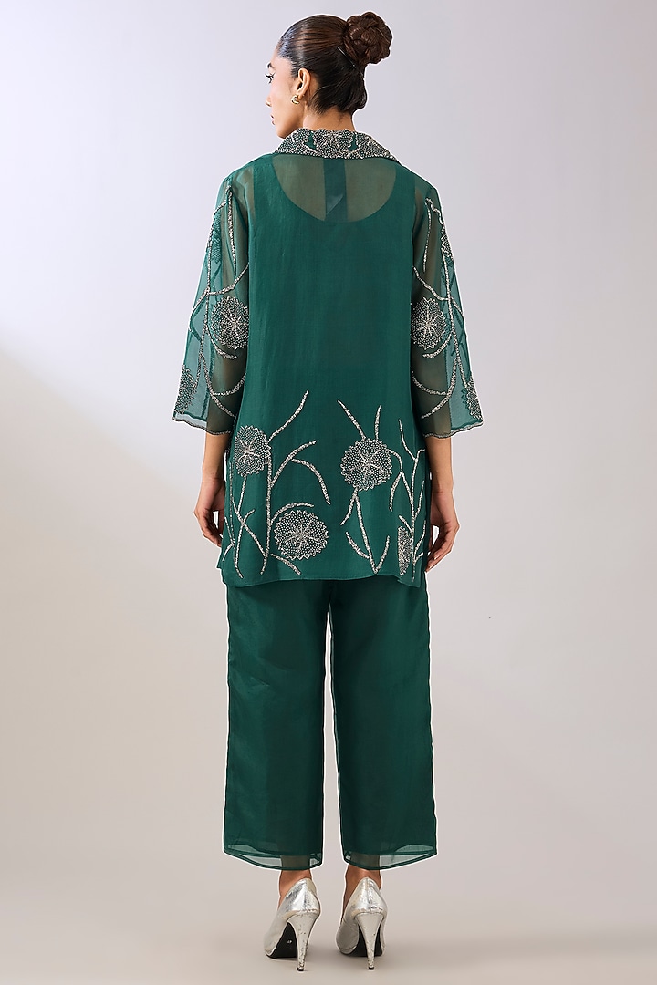 Emerald Green Silk Organza Beads Embroidered Jacket by Peachoo at Pernia's Pop Up Shop