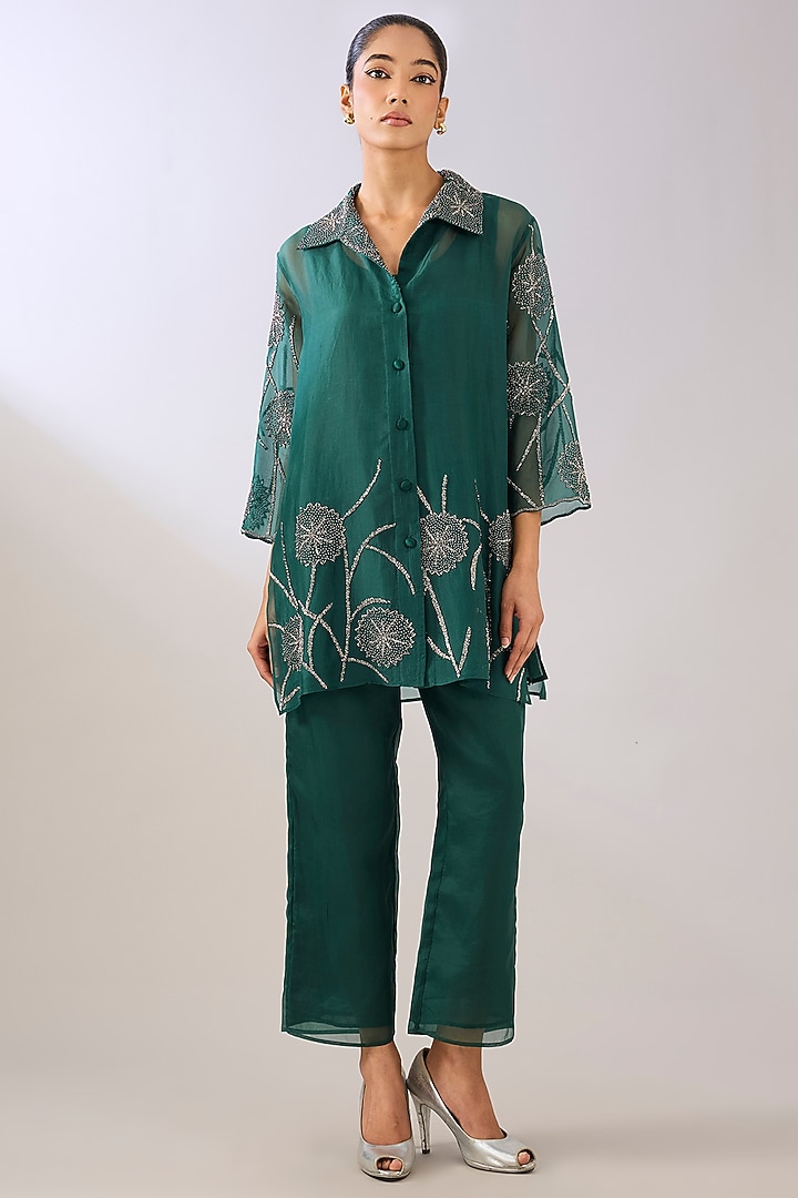 Emerald Green Silk Organza Beads Embroidered Jacket by Peachoo at Pernia's Pop Up Shop
