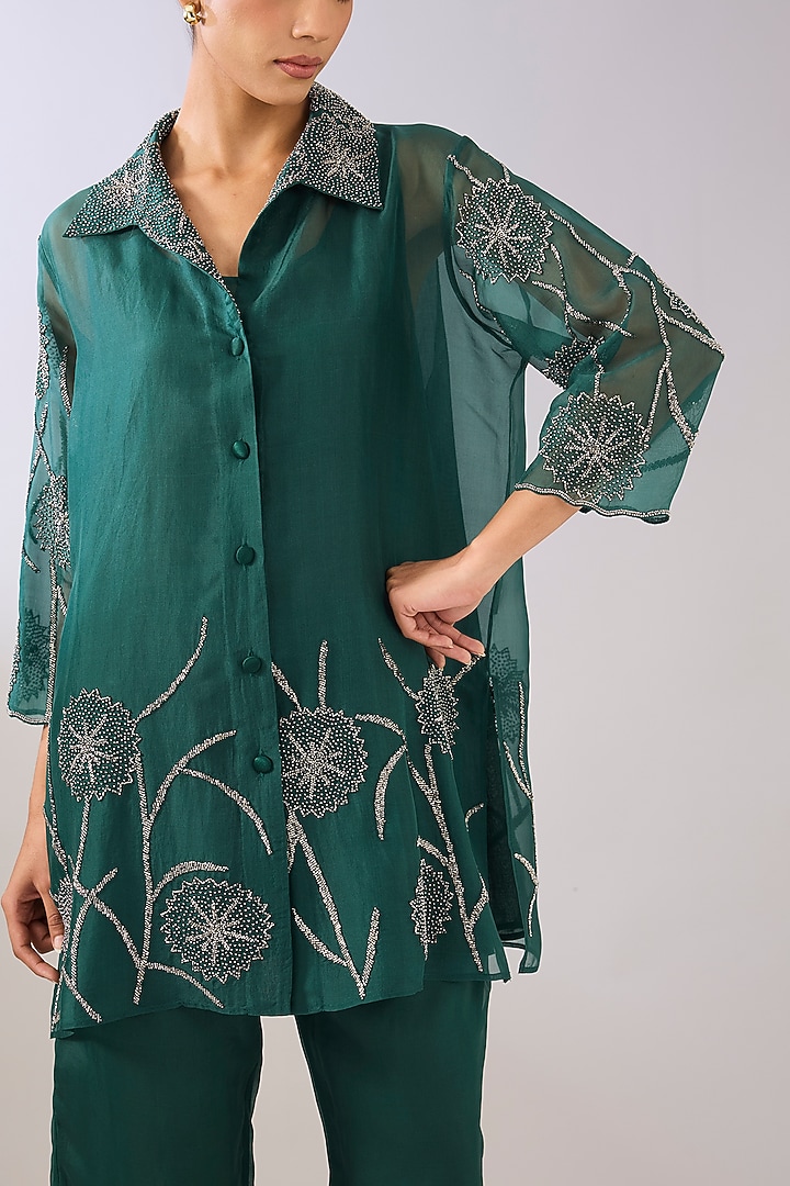 Emerald Green Silk Organza Beads Embroidered Jacket by Peachoo at Pernia's Pop Up Shop