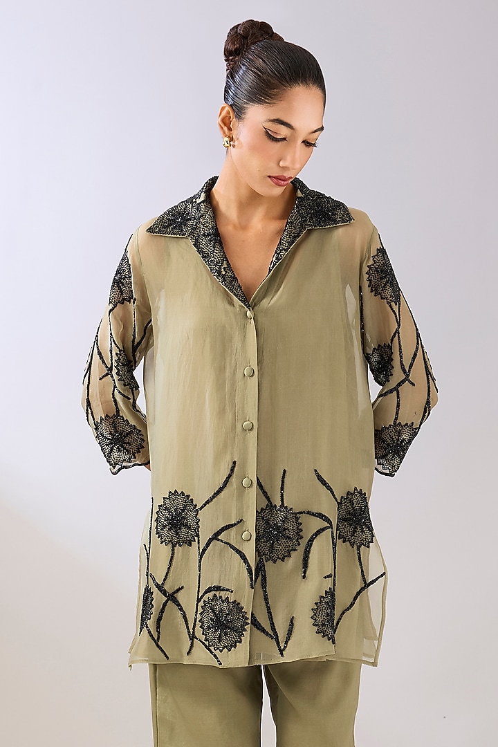 Jade Green & Black Silk Organza Beads Embroidered Jacket by Peachoo at Pernia's Pop Up Shop