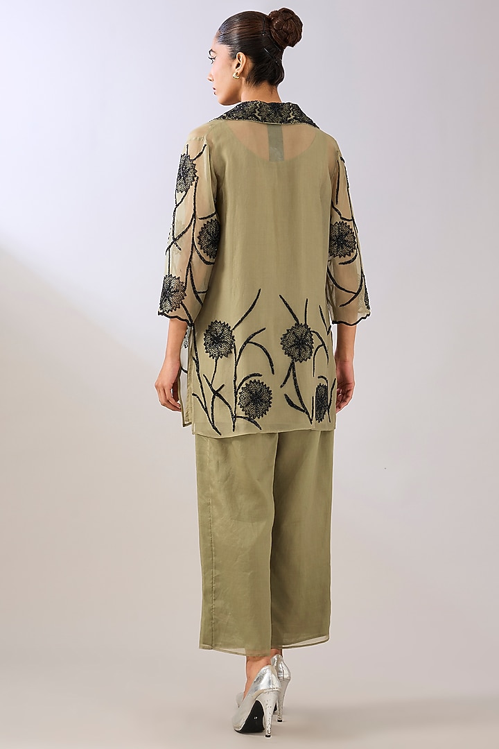 Jade Green & Black Silk Organza Beads Embroidered Jacket by Peachoo at Pernia's Pop Up Shop