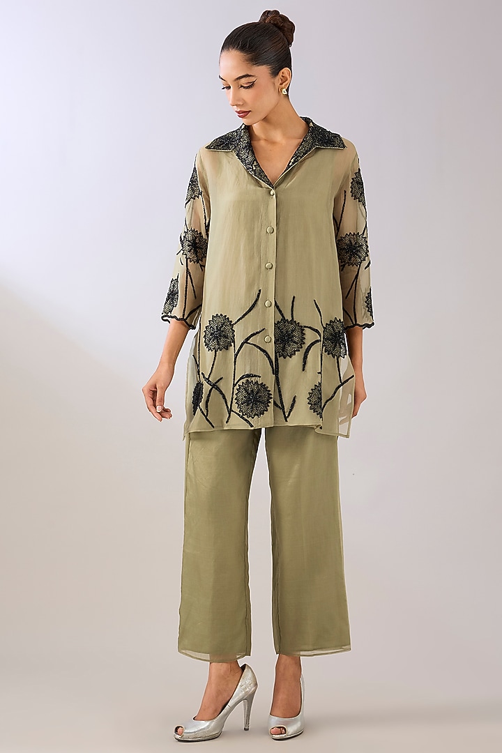 Jade Green & Black Silk Organza Beads Embroidered Jacket by Peachoo at Pernia's Pop Up Shop