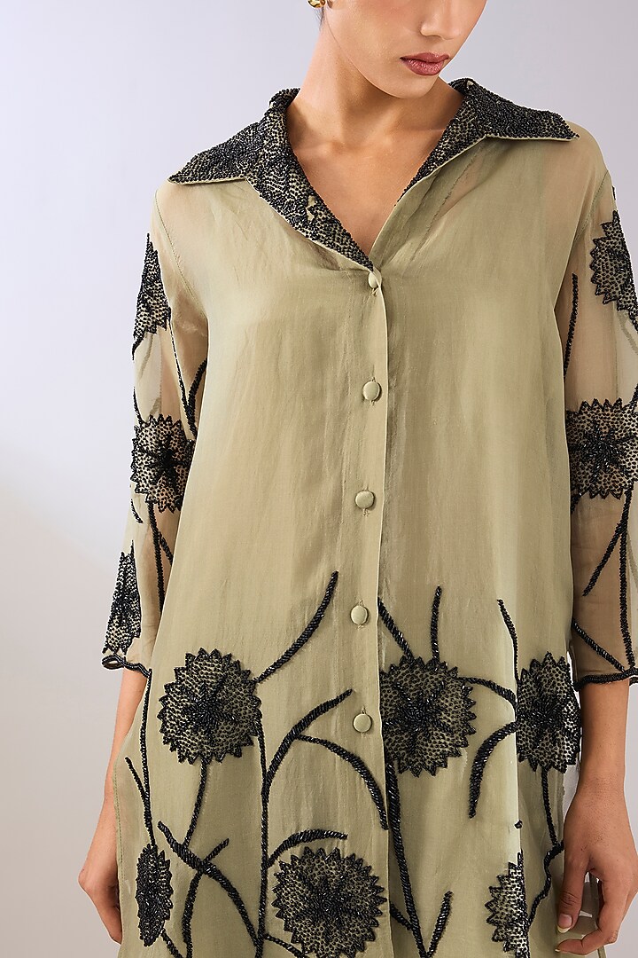 Jade Green & Black Silk Organza Beads Embroidered Jacket by Peachoo at Pernia's Pop Up Shop