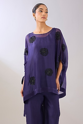 Purple Silk Organza & Silk Satin Beads Embroidered Top by Peachoo