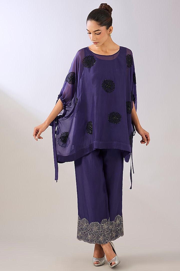 Purple Silk Organza & Silk Satin Beads Embroidered Top by Peachoo at Pernia's Pop Up Shop