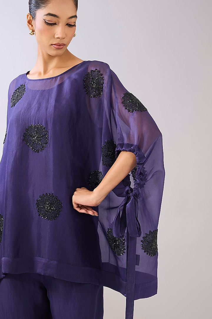 Purple Silk Organza & Silk Satin Beads Embroidered Top by Peachoo at Pernia's Pop Up Shop