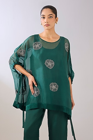 Emerald Green Silk Organza Beads Embroidered Top by Peachoo