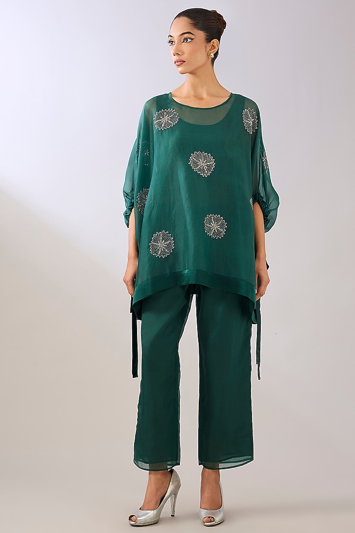 Emerald Green Silk Organza Beads Embroidered Top by Peachoo at Pernia's Pop Up Shop