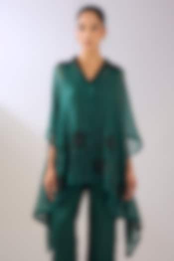 Emerald Green Silk Organza Beads Embroidered Cape by Peachoo at Pernia's Pop Up Shop