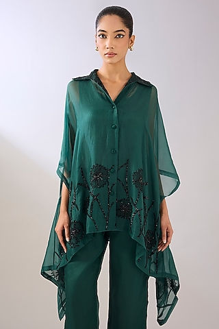 Emerald Green Silk Organza Beads Embroidered Cape by Peachoo
