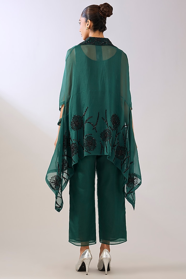 Emerald Green Silk Organza Beads Embroidered Cape by Peachoo at Pernia's Pop Up Shop