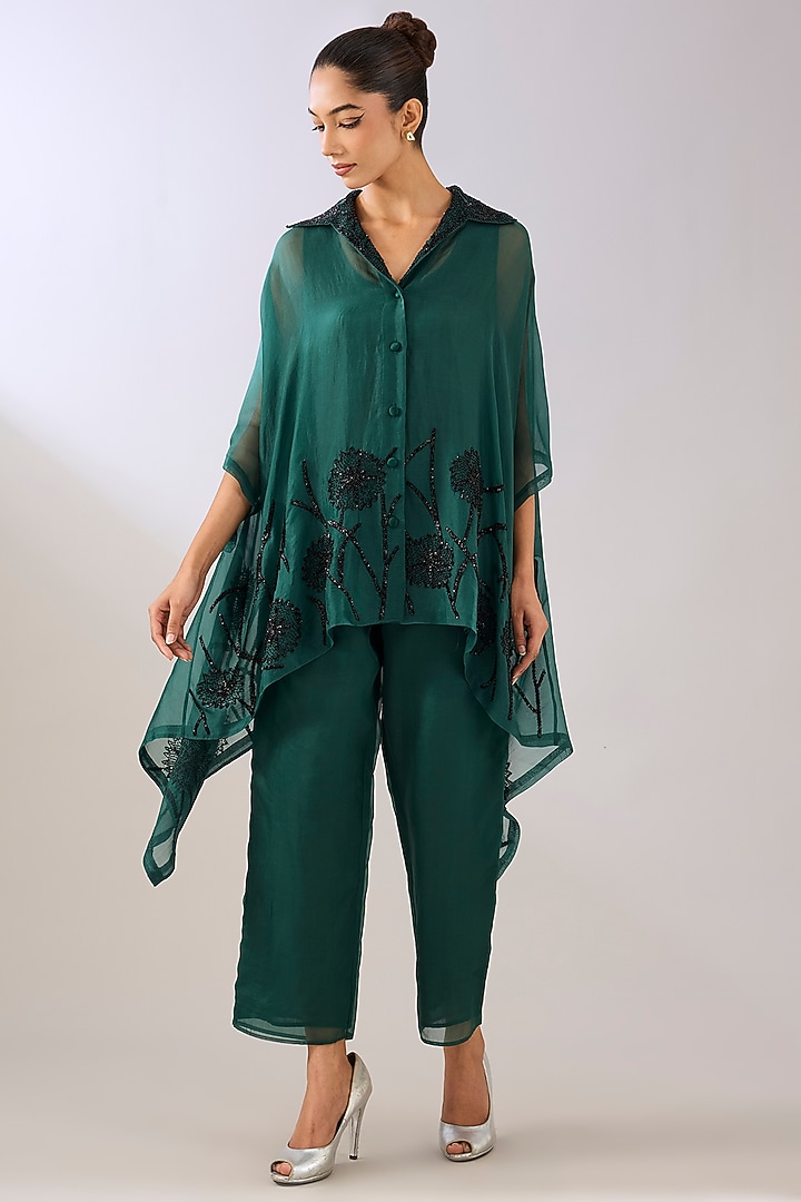 Emerald Green Silk Organza Beads Embroidered Cape by Peachoo at Pernia's Pop Up Shop