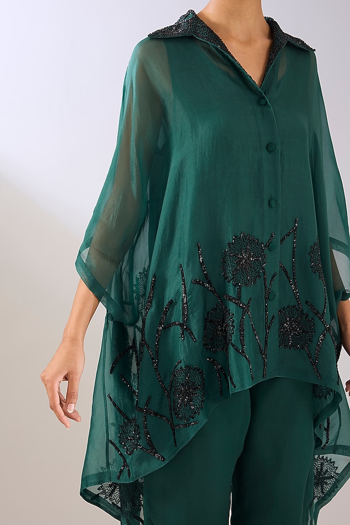Emerald Green Silk Organza Beads Embroidered Cape by Peachoo at Pernia's Pop Up Shop