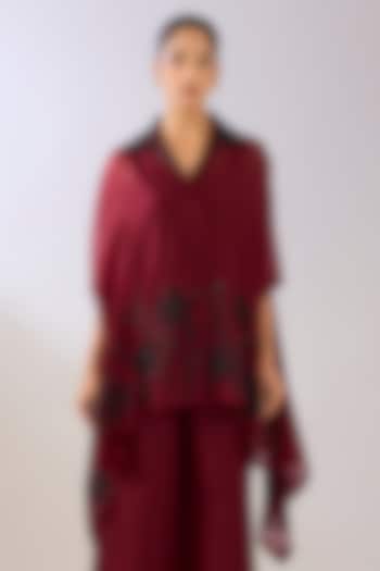 Ruby Red Silk Organza Beads Embroidered Cape by Peachoo at Pernia's Pop Up Shop