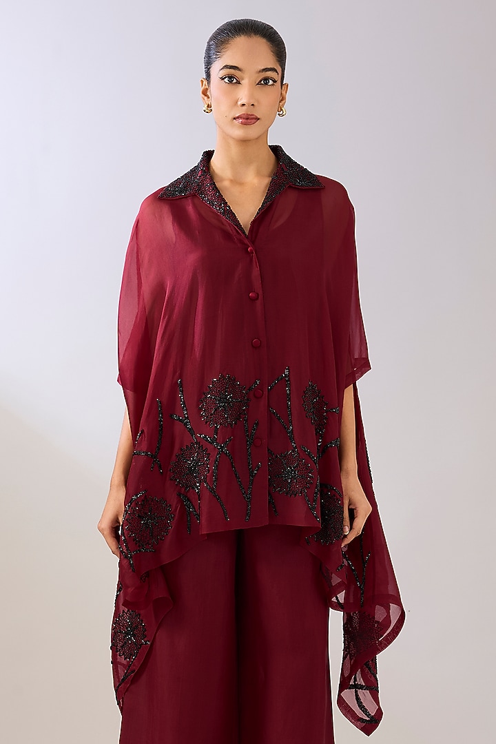 Ruby Red Silk Organza Beads Embroidered Cape by Peachoo at Pernia's Pop Up Shop